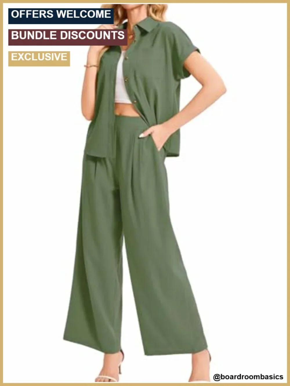 Women's 2 Piece Dressy Work Outfit - Button Down Shirt & Wide Leg Pants Set